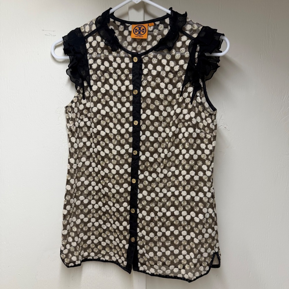 Tory Burch Gold Floral Embroidered Sheer Ruffle Vest Blouse Black Womens 4